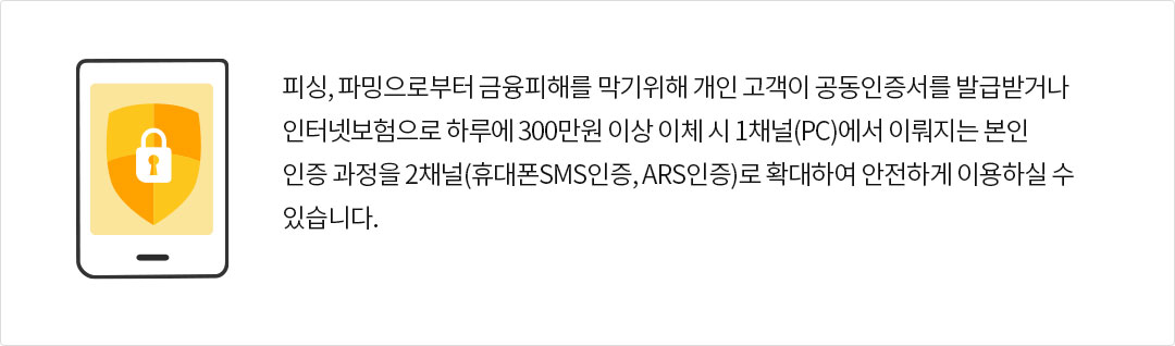 피싱, 파밍으로부터 금융피해를 막기위해 개인 고객이 공동인증서를 발급받거나 인터넷보험으로 하루에 300만원 이상 이체 시 1채널(PC)에서 이뤄지는 본인인증 과정을 2채널(휴대폰SMS인증, ARS인증)로 확대하여 안전하게 이용하실 수 있습니다.